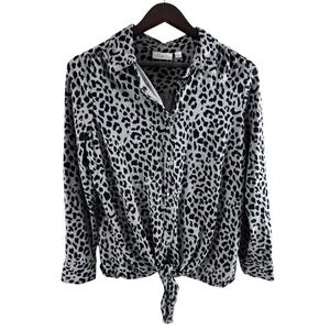 Belle by Kim Gravel Snap Front Tie- Hem Blouse Leopard Print Black‎ Gray Large